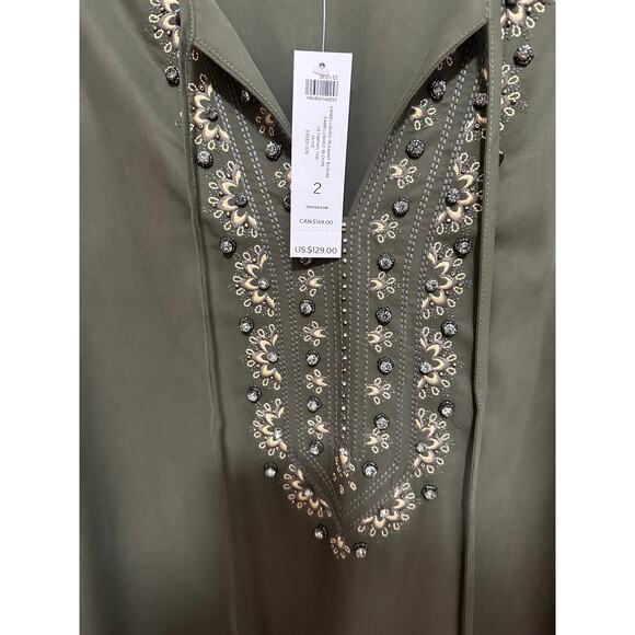 NWT Chico's Embellished Peasant Blouse Women's 2 12/14 Long Sleeve Olive Green - Picture 3 of 8